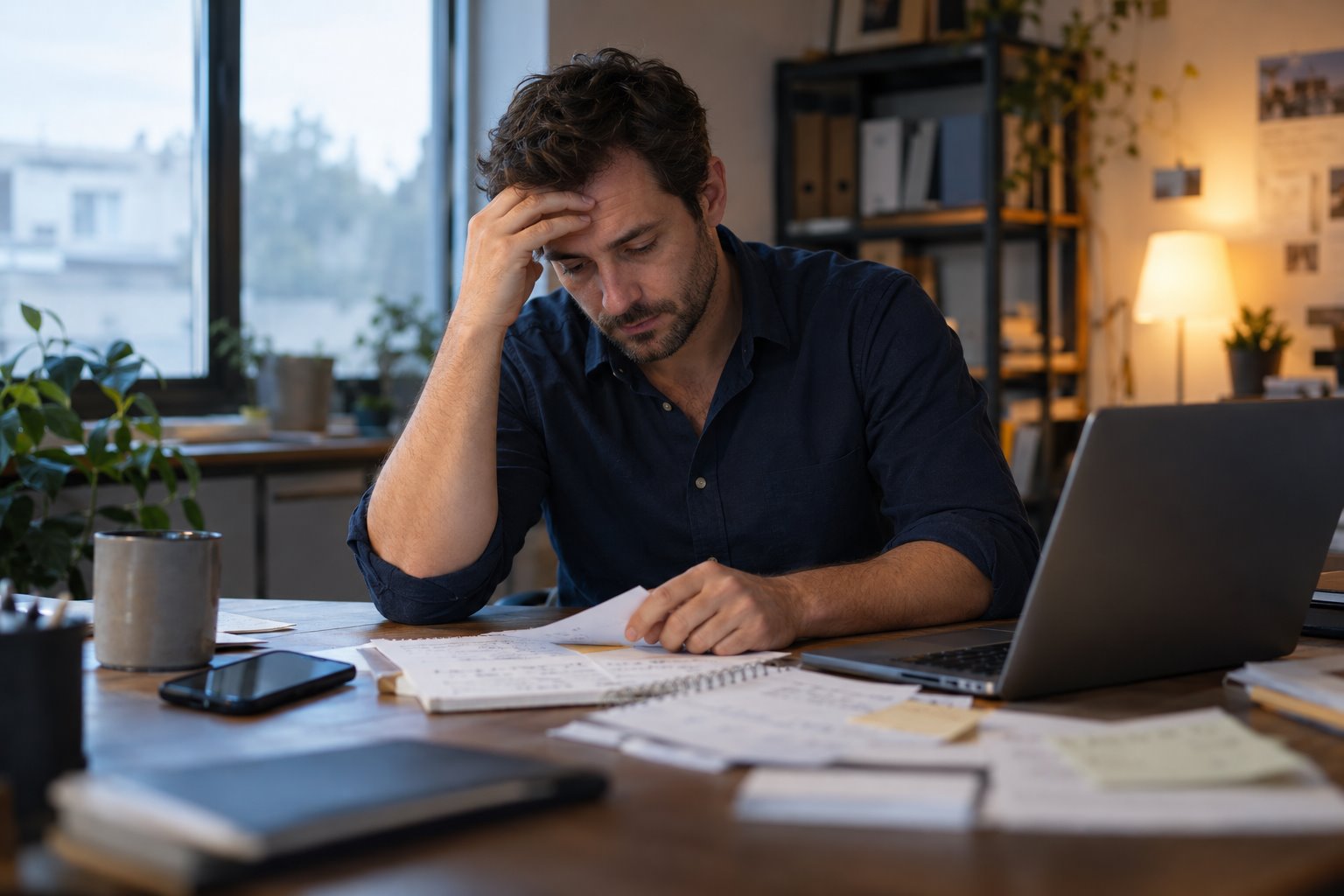 Seul face à son ordinateur et à ses notes, un commercial fatigué pose la main sur son front, découragé.