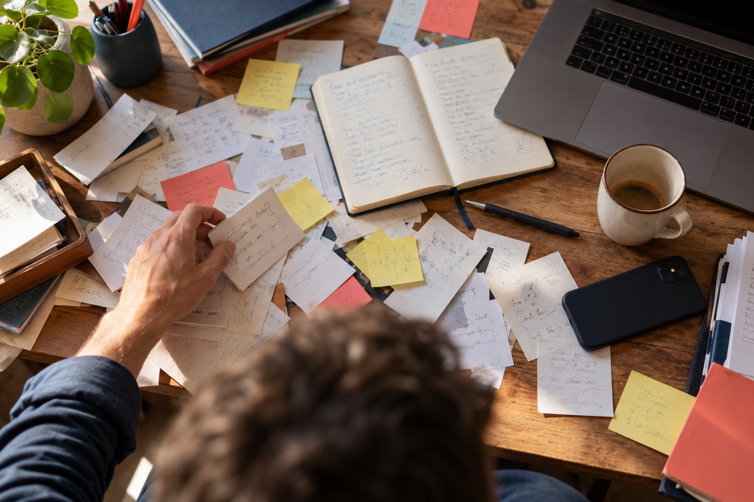 Un commercial cherche une information parmi des notes et des papiers dispersés sur son bureau.